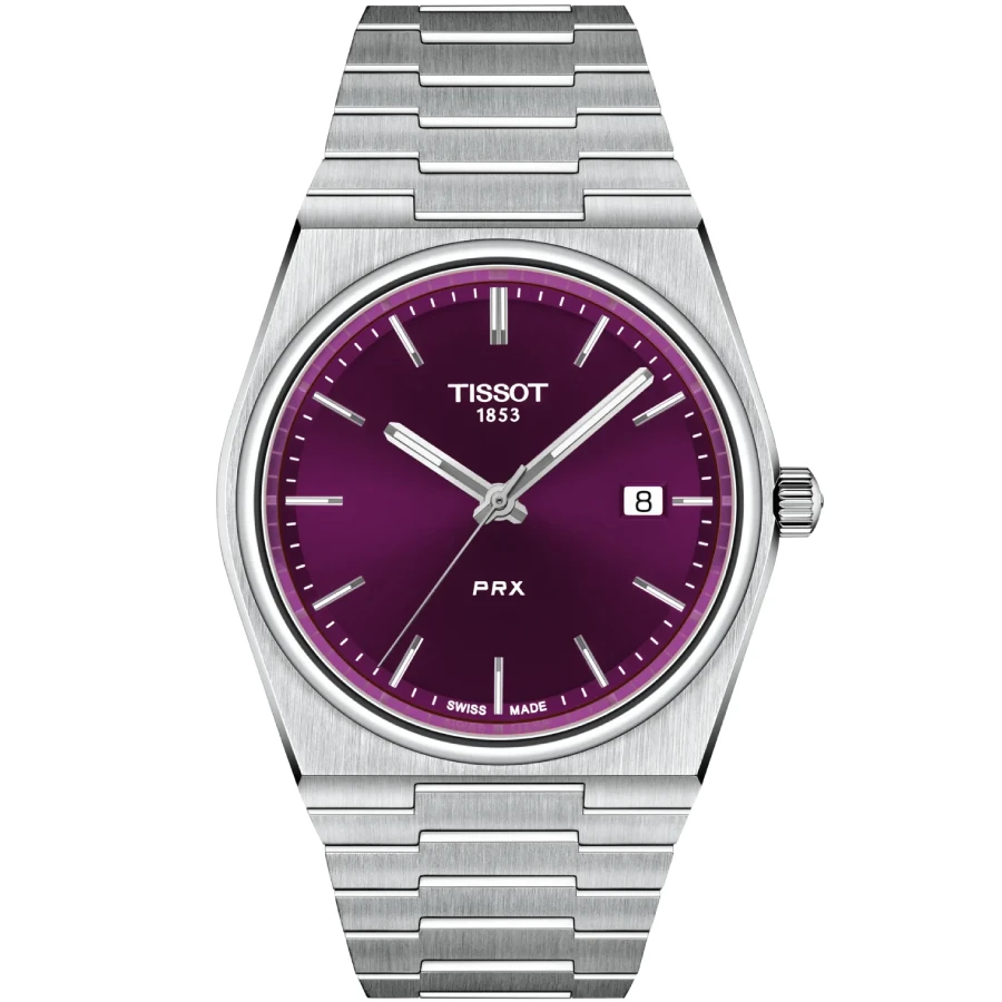 Tissot T137.410.11.401.00 PRX - Унисекс ръчен часовник с кварцов механизъм - корпус Стомана - Стоманена верижка - Лилав