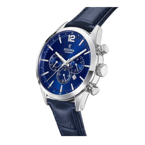 Мъжки ръчен часовник с кварцов механизъм - корпус от Стомана - Естествена кожа - цвят Син Син