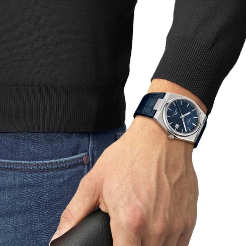 Мъжки ръчен часовник с автоматичен механизъм - корпус от Стомана - Естествена кожа - цвят Син Син