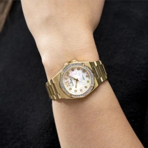 Дамски ръчен часовник с кварцов механизъм - корпус от Стомана и злато 18К - Стоманена верижка - цвят Седеф