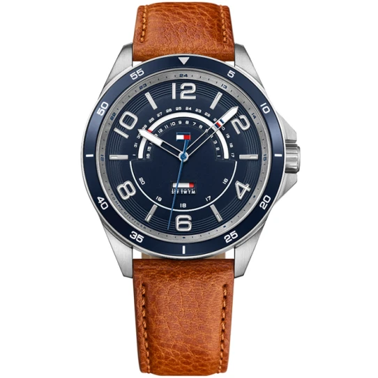 Мъжки ръчен часовник с кварцов механизъм - корпус от Стомана - Естествена кожа - цвят Син Кафяв