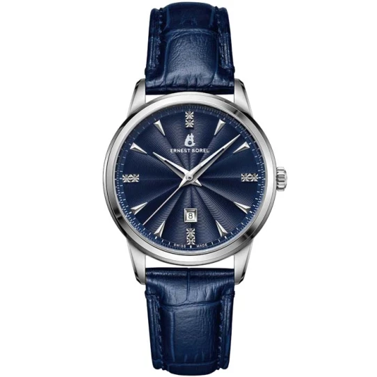 Дамски ръчен часовник с кварцов механизъм - корпус от Стомана - Естествена кожа - цвят Син Син