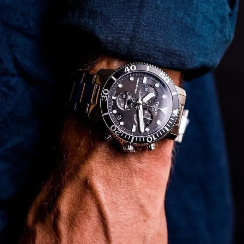 Мъжки ръчен часовник с кварцов механизъм - корпус от Стомана и алуминий - Стоманена верижка - цвят Черен Сив