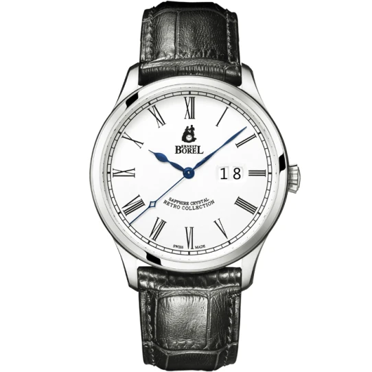 Мъжки ръчен часовник с автоматичен механизъм - корпус от Стомана - Естествена кожа - цвят Бял Черен