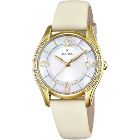 Дамски ръчен часовник с кварцов механизъм - корпус от Стомана - Естествена кожа - цвят Седеф Бежов