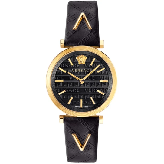 Дамски ръчен часовник с кварцов механизъм - корпус от Стомана - Естествена кожа - цвят Черен Злато