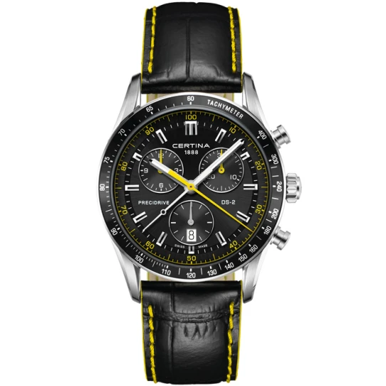 Мъжки ръчен часовник с кварцов механизъм - корпус от Стомана - Естествена кожа - цвят Черен Жълт