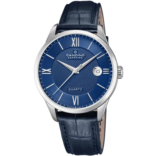 Мъжки ръчен часовник с кварцов механизъм - корпус от Стомана - Естествена кожа - цвят Син Син