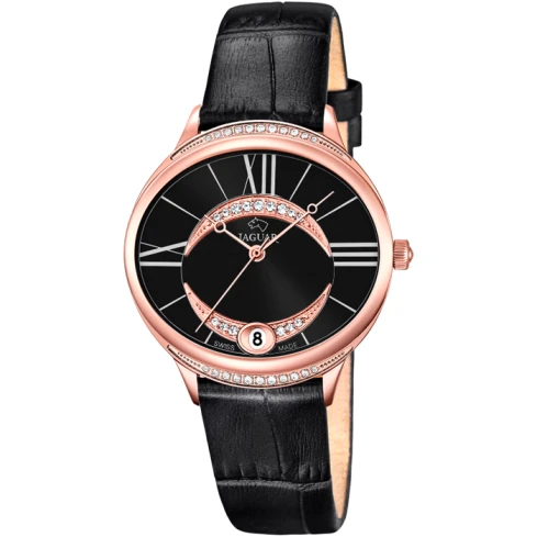 Дамски ръчен часовник с кварцов механизъм - корпус от Стомана - Естествена кожа - цвят Черен Черен