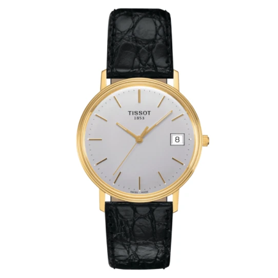 Мъжки ръчен часовник с кварцов механизъм - корпус от Жълто злато 18К - Естествена кожа - цвят Сребрист Черен