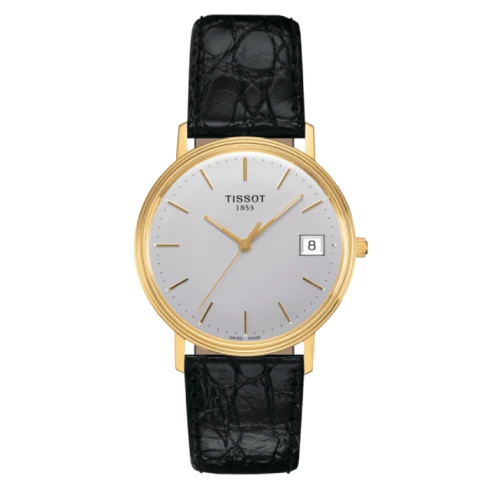 Мъжки ръчен часовник с кварцов механизъм - корпус от Жълто злато 18К - Естествена кожа - цвят Сребрист Черен