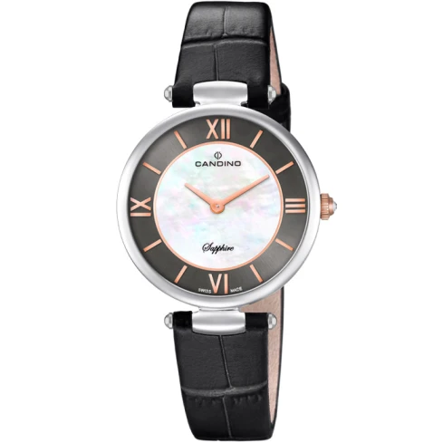 Дамски ръчен часовник с кварцов механизъм - корпус от Стомана - Естествена кожа - цвят Седеф Черен