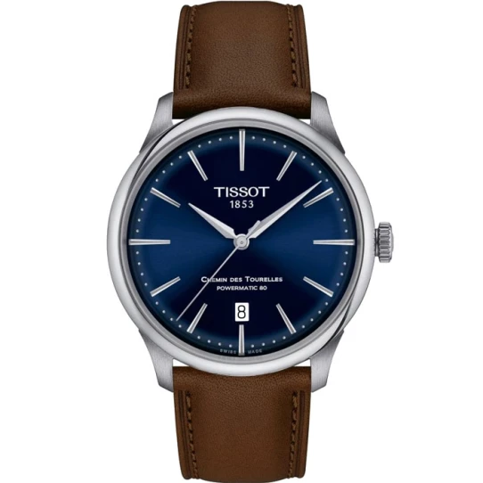 Мъжки ръчен часовник с автоматичен механизъм - корпус от Стомана - Естествена кожа - цвят Син