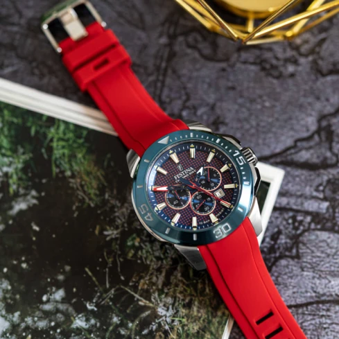 Мъжки ръчен часовник с кварцов механизъм - корпус от Стомана - Каучук - цвят Червен Син