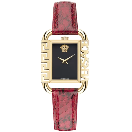 Дамски ръчен часовник с кварцов механизъм - корпус от Стомана - Естествена кожа - цвят Черен Червен