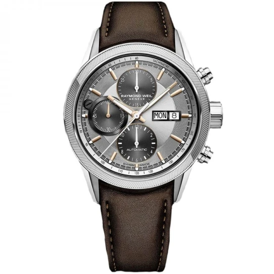 Мъжки ръчен часовник с автоматичен механизъм - корпус от Стомана - Естествена кожа - цвят Сив Кафяв