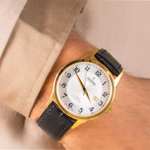 Мъжки ръчен часовник с кварцов механизъм - корпус от Стомана и злато 18К - Естествена кожа - цвят Бял