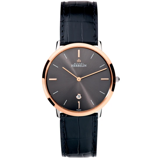 Мъжки ръчен часовник с кварцов механизъм - корпус от Стомана - Естествена кожа - цвят Сив Черен