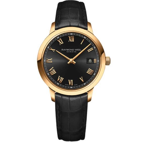 Дамски ръчен часовник с кварцов механизъм - корпус от Стомана и злато 18К - Естествена кожа - цвят Черен