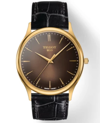 Мъжки ръчен часовник с кварцов механизъм - корпус от 18К Злато - Естествена кожа - цвят Кафяв Черен