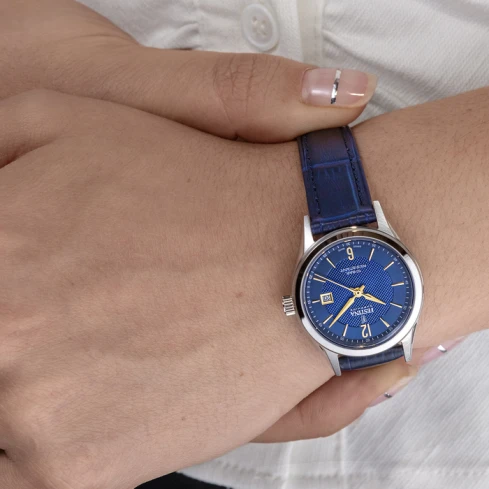 Дамски ръчен часовник с кварцов механизъм - корпус от Стомана - Естествена кожа - цвят Син Злато