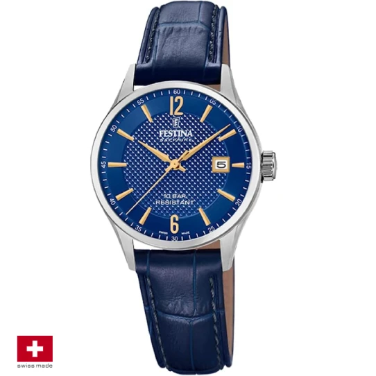 Дамски ръчен часовник с кварцов механизъм - корпус от Стомана - Естествена кожа - цвят Син Злато