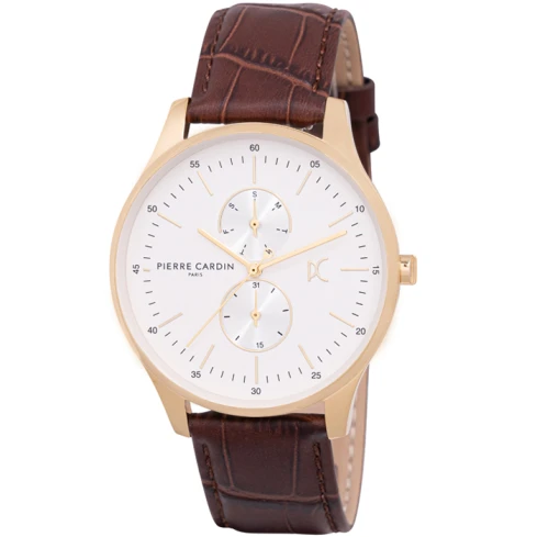 Мъжки ръчен часовник с кварцов механизъм - корпус от Стомана - Естествена кожа - цвят Бял Кафяв