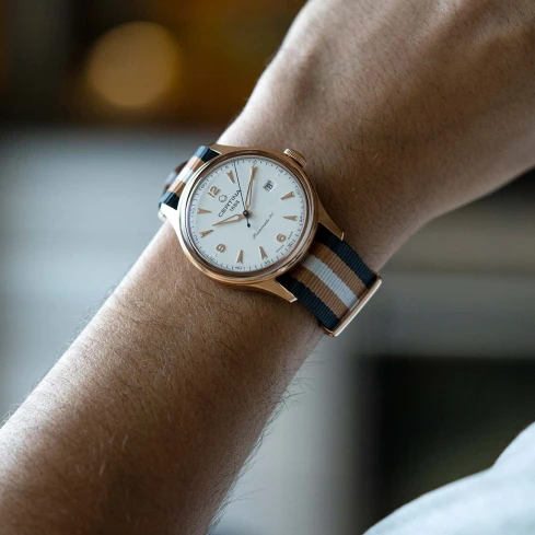 Мъжки ръчен часовник с автоматичен механизъм - корпус от Стомана - Нато каишка - цвят Сребрист Бял