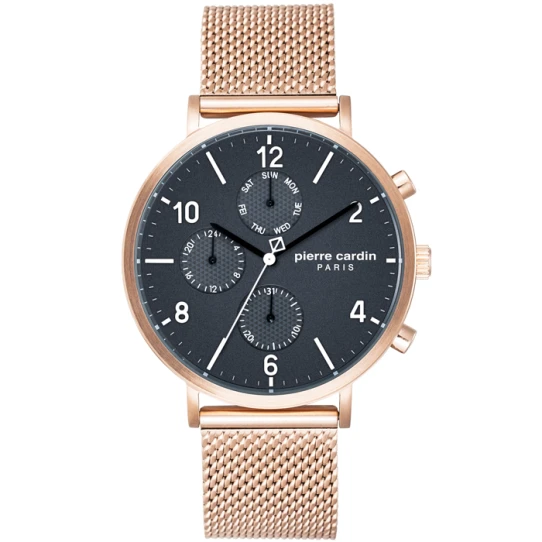 Мъжки ръчен часовник с кварцов механизъм - корпус от Стомана - Меш - цвят Черен Розово Злато