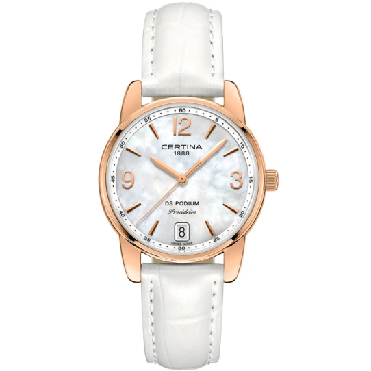 Дамски ръчен часовник с кварцов механизъм - корпус от Стомана - Естествена кожа - цвят Седеф Бял