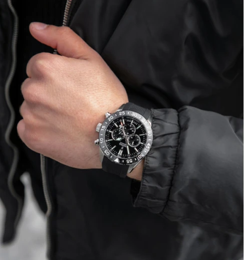 Мъжки ръчен часовник с кварцов механизъм - корпус от Стомана - Силиконова каишка - цвят Черен Черен