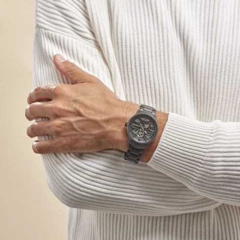 Мъжки ръчен часовник с автоматичен механизъм - корпус от Стомана - Стоманена верижка - цвят Скелетон Черен