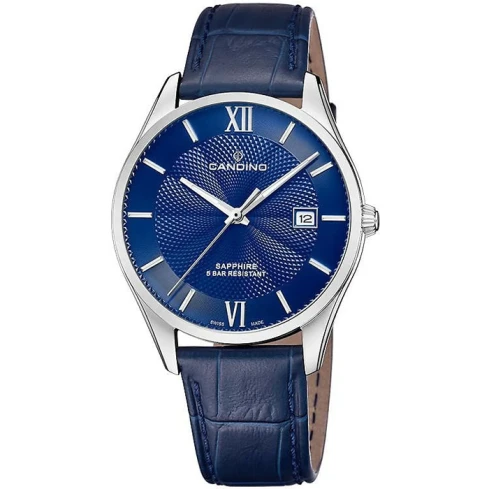 Мъжки ръчен часовник с кварцов механизъм - корпус от Стомана - Естествена кожа - цвят Син Син