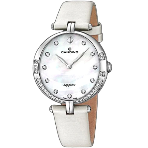 Дамски ръчен часовник с кварцов механизъм - корпус от Стомана - Естествена кожа - цвят Седеф Бял