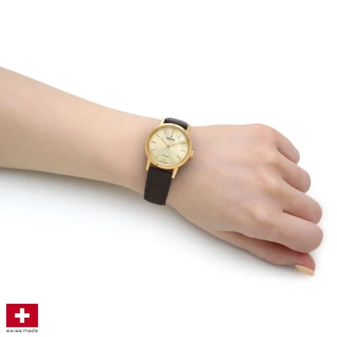 Дамски ръчен часовник с кварцов механизъм - корпус от Стомана и злато 18К - Естествена кожа - цвят Злато