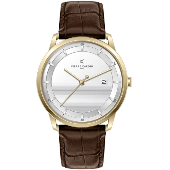 Мъжки ръчен часовник с кварцов механизъм - корпус от Стомана - Естествена кожа - цвят Бял Кафяв