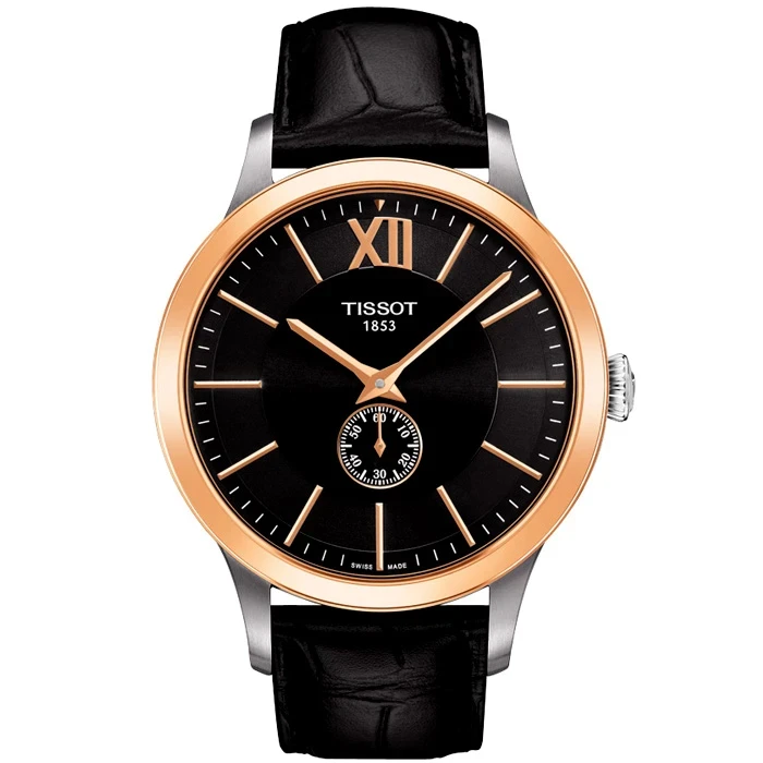 Tissot T912.428.46.058.00 Classic - Мъжки ръчен часовник с автоматичен механизъм - корпус Розово злато - Естествена кожа - Черен Черен