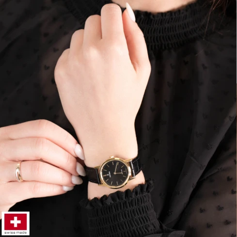 Дамски ръчен часовник с кварцов механизъм - корпус от Стомана и злато 18К - Естествена кожа - цвят Черен