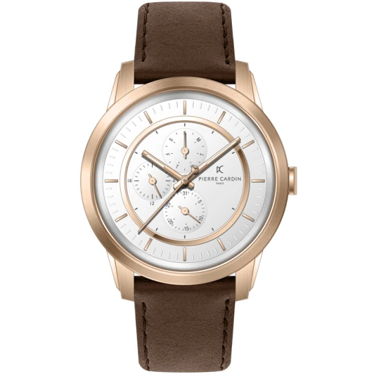 Мъжки ръчен часовник с кварцов механизъм - корпус от Стомана - Естествена кожа - цвят Бял Кафяв