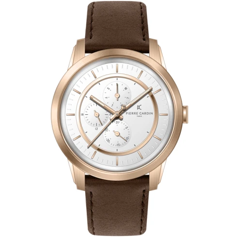 Мъжки ръчен часовник с кварцов механизъм - корпус от Стомана - Естествена кожа - цвят Бял Кафяв