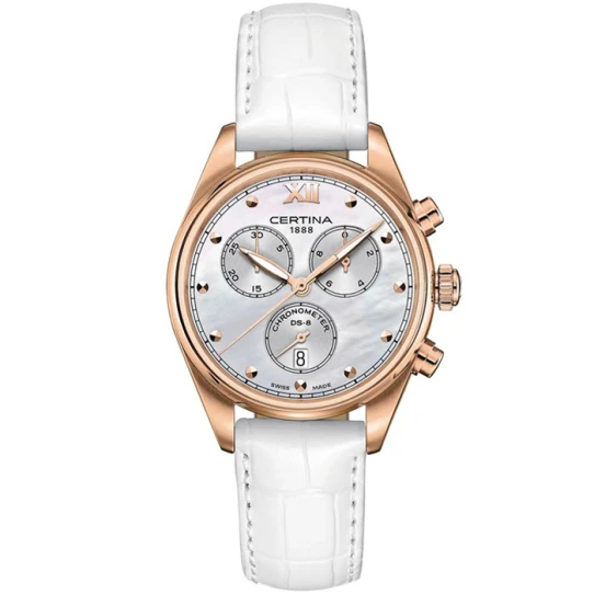 Дамски ръчен часовник с кварцов механизъм - корпус от Стомана - Естествена кожа - цвят Седеф Бял