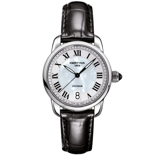 Дамски ръчен часовник с кварцов механизъм - корпус от Стомана - Естествена кожа - цвят Седеф Черен