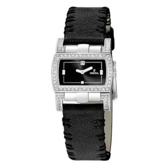 Дамски ръчен часовник с кварцов механизъм - корпус от Стомана - Естествена кожа - цвят Черен Черен