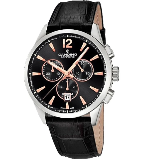 Мъжки ръчен часовник с кварцов механизъм - корпус от Стомана - Естествена кожа - цвят Черен Черен