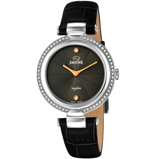 Дамски ръчен часовник с кварцов механизъм - корпус от Стомана - Естествена кожа - цвят Черен Черен