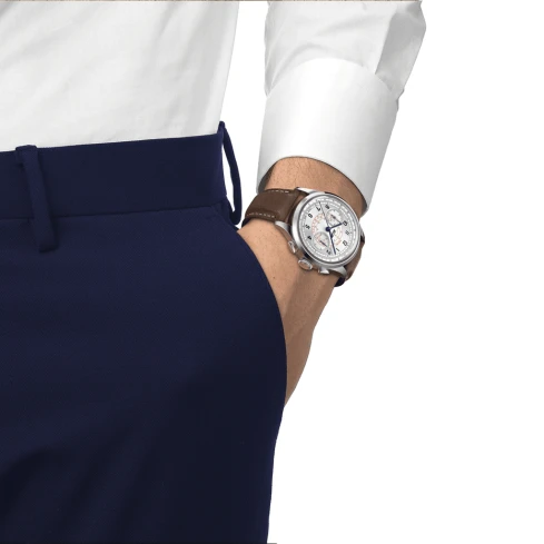 Мъжки ръчен часовник с автоматичен механизъм - корпус от Стомана - Естествена кожа - цвят Бял Кафяв