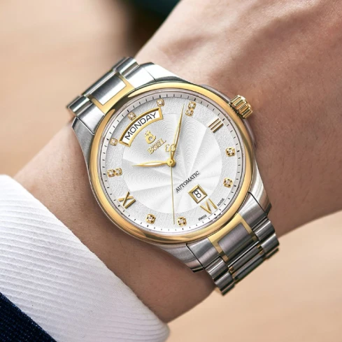 Мъжки ръчен часовник с автоматичен механизъм - корпус от Стомана - Стоманена верижка - цвят Сребрист Злато