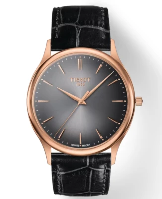 Мъжки ръчен часовник с кварцов механизъм - корпус от 18К Злато - Естествена кожа - цвят Черен Черен