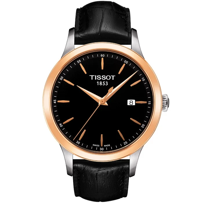 Мъжки ръчен часовник с кварцов механизъм - корпус от Розово злато - Естествена кожа - цвят Черен Черен