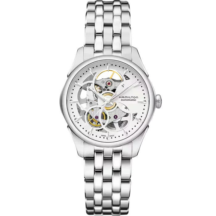Hamilton H32405111 Jazzmaster Viewmatic Skeleton - Мъжки ръчен часовник с автоматичен механизъм - корпус Стомана - Стоманена верижка - Скелетон Сив